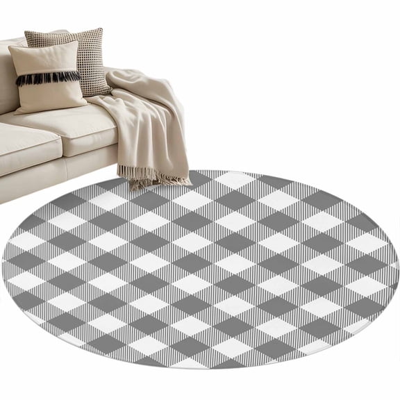 Round Area Rug 3ft Gray White Check Plaid Floor Carpets Indoor Floor Area Mat Stain-Proof Mat Circle Rugs for Living Room Dining Room Kitchen Bedroom, Pastoral Style Sofa Throw Carpet
