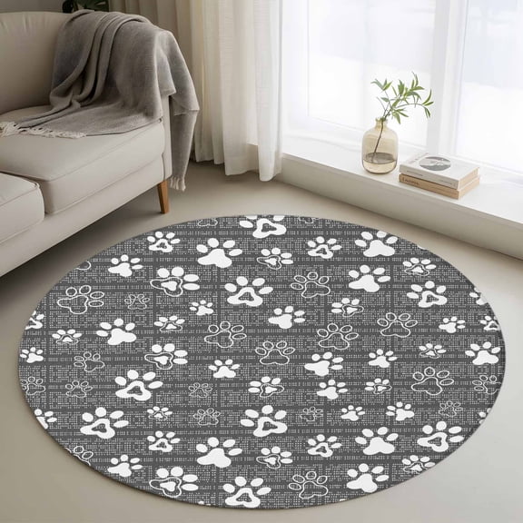 Round Area Rug 3ft, Gray White Dog Paw Cartoon Non-Shedding Washable Area Rug, Cute Paw Prints Seamless Non Slip Low-Profile Circle Rugs for Living Room, Bedroom Dining Room