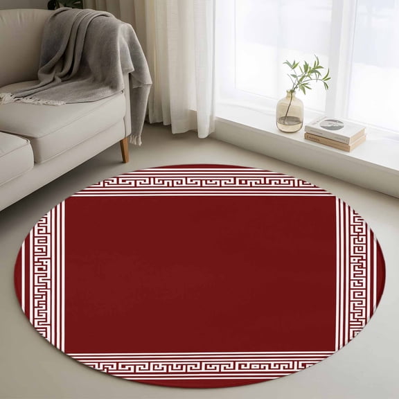 Round Area Rug 3ft Greek Abstract Inspired Key Pattern Area Rugs Washable Low Pile Floor Carpet for Bedroom, Geometric Twist Line on Red Non Slip Soft Rugs for Living Room Entryway Dining Room