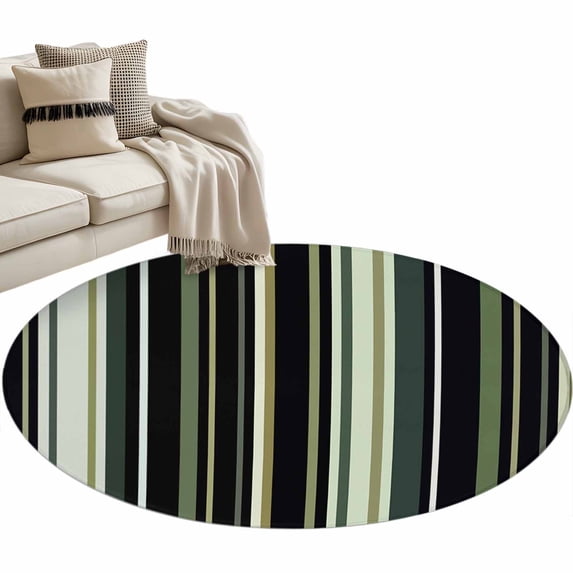 Round Area Rug-3ft Green Black Stripe Pattern Non Slip Washable Circle Carpet Soft Large Floor Rugs for Living Room Bedroom Nursery Office