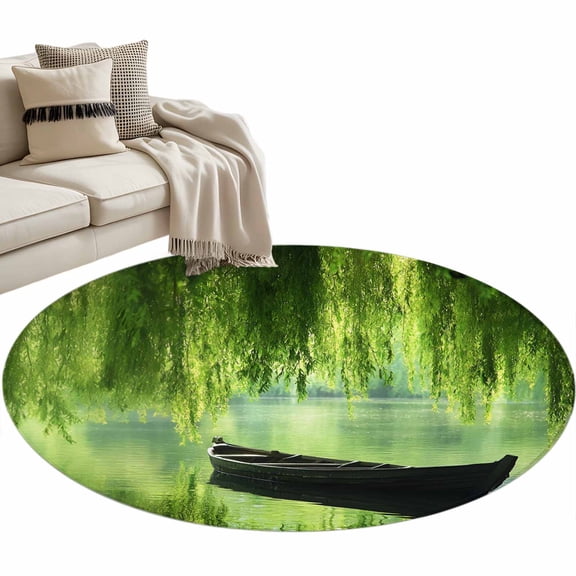 Round Area Rug-3ft Green Leaves Boat Lake Non Slip Washable Circle Carpet Soft Large Floor Rugs for Living Room Bedroom Nursery Office