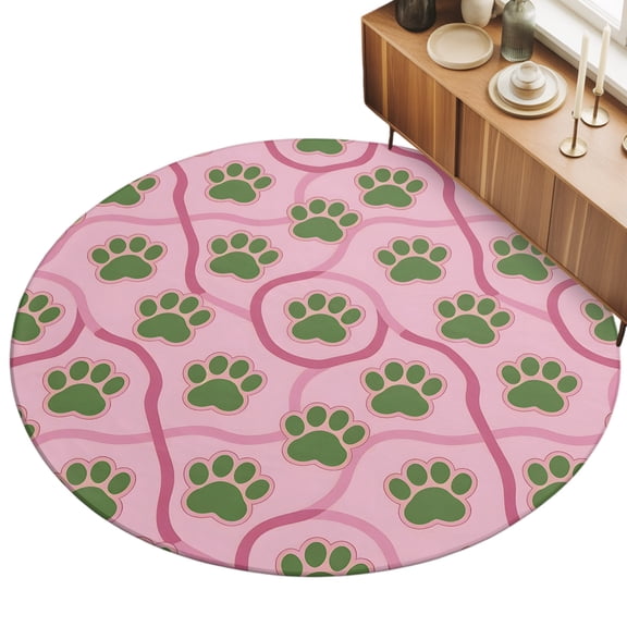Round Area Rug 3ft Green Paw Print Floor Carpets Indoor Floor Area Mat Stain-Proof Mat Circle Rugs for Living Room Dining Room Kitchen Bedroom, Animal Claw Marks Pink Lines Sofa Throw Carpet