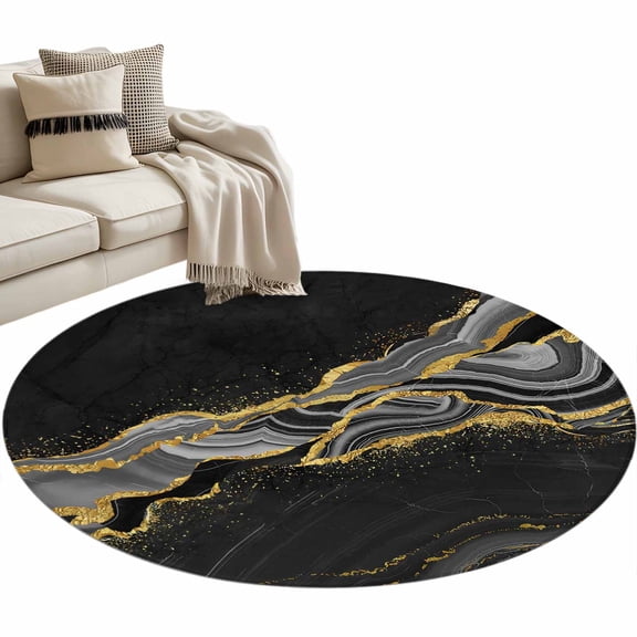 Round Area Rug 3ft Grey Abstract Marble Floor Carpets Indoor Floor Area Mat Stain-Proof Mat Circle Rugs for Living Room Dining Room Kitchen Bedroom, Black Malachite Gold Veins Sofa Throw Carpet