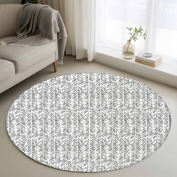 Round Area Rug 3ft,Grey Herringbone Art Washable Carpet Non-Slip Runner Accent Rugs Indoor Floor Mat for Bedroom Living Room Decor,Abstract Geometric Striped