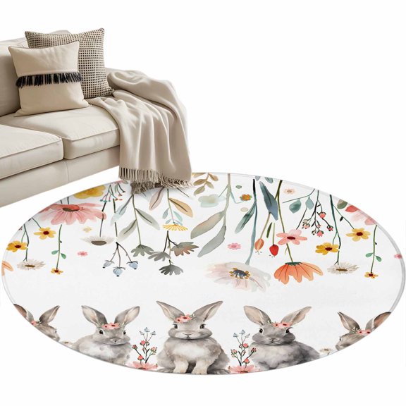 Round Area Rug 3ft, Grey Nunny Colorful Spring Flower Non-Slip Non-Shedding Floor Mat, Hanging Green Leaves Washable Sturdy Carpet for Living Room Bedroom Home Decor