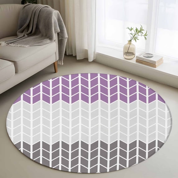 Round Area Rug 3ft, Grey Purple Color Block Geometric Abstract Non-Shedding Washable Area Rug, White Striped Buffalo Check Non Slip Low-Profile Circle Rugs for Living Room, Bedroom Dining Room