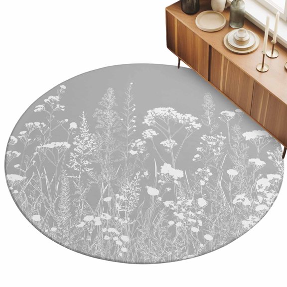 Round Area Rug 3ft Grey Wildflower Floor Carpets Indoor Floor Area Mat Stain-Proof Mat Circle Rugs for Living Room Dining Room Kitchen Bedroom, Botanical Farmhouse Field Floral Sofa Throw Carpet