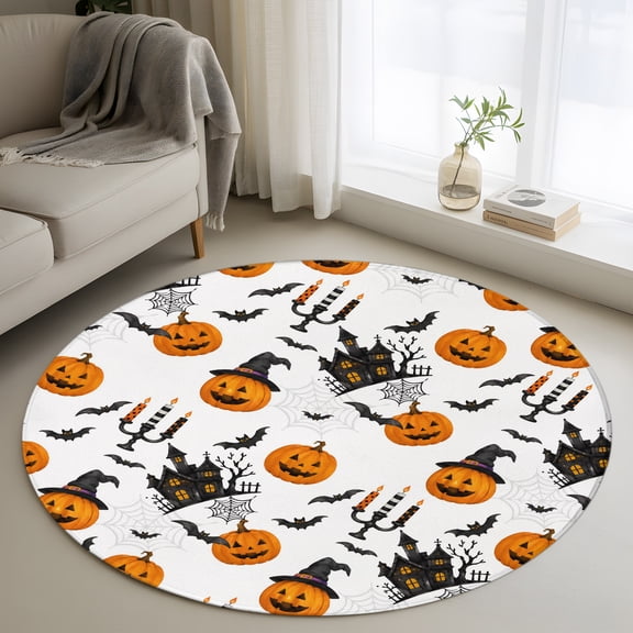Round Area Rug 3ft, Halloween Pumpkin Haunted Castle Non-Slip Non-Shedding Floor Mat, Spooky Bat Seamless Washable Sturdy Carpet for Living Room Bedroom Home Decor