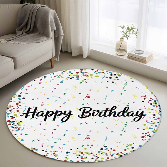 Round Area Rug 3ft,Happy Birthday Words Washable Carpet Non-Slip Runner Accent Rugs Indoor Floor Mat for Bedroom Living Room Decor,Colorful Ribbon Polka Dot