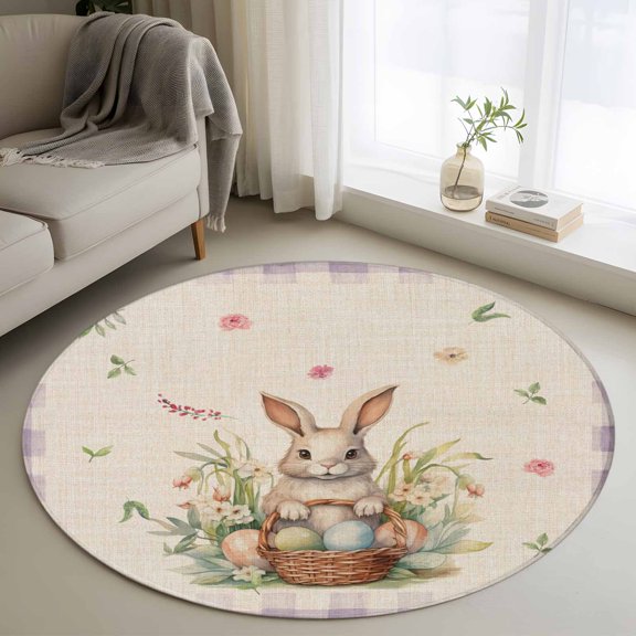Round Area Rug 3ft, Happy Easter Cute Bunny Egg Non-Shedding Washable Area Rug, Spring Floral Purple Grid on Flax Non Slip Low-Profile Circle Rugs for Living Room, Bedroom Dining Room