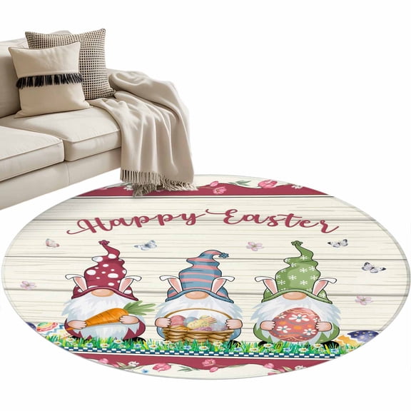 Round Area Rug 3ft, Happy Easter Gnomes with Eggs on Grass Non-Slip Non-Shedding Floor Mat, Spring Floral on Wood Barn Washable Sturdy Carpet for Living Room Bedroom Home Decor
