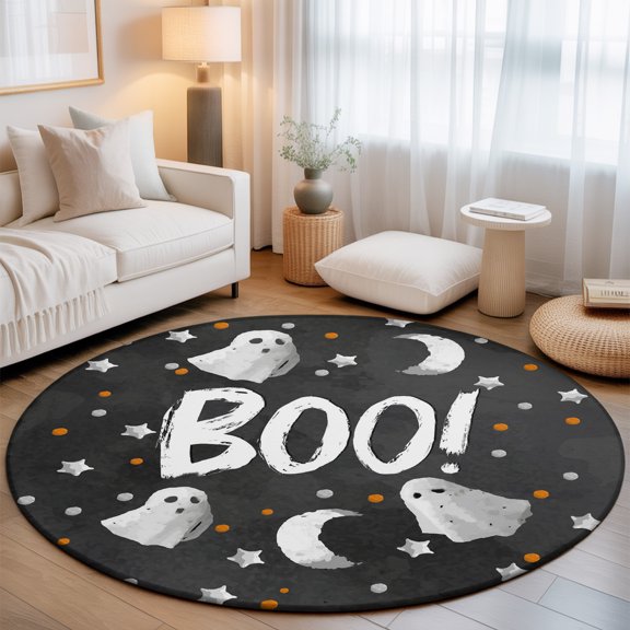 Round Area Rug - 3ft Happy Halloween Scary White Ghost Non Slip Washable Circle Carpet Soft Large Floor Rugs for Living Room Bedroom Nursery Office
