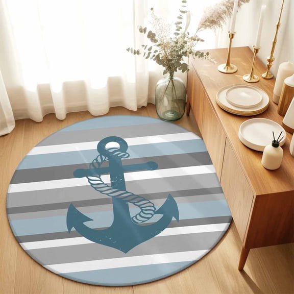 Round Area Rug 3ft,Haze Blue Ocean Anchor Washable Carpet Non-Slip Runner Accent Rugs Indoor Floor Mat for Bedroom Living Room Decor,Coastal Gray White Stripe