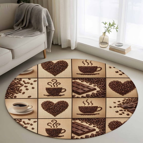 Round Area Rug 3ft Heart Shape Coffee Beans Area Rugs Washable Low Pile Floor Carpet for Bedroom, Chocolate Bar Non Slip Soft Rugs for Living Room Entryway Dining Room