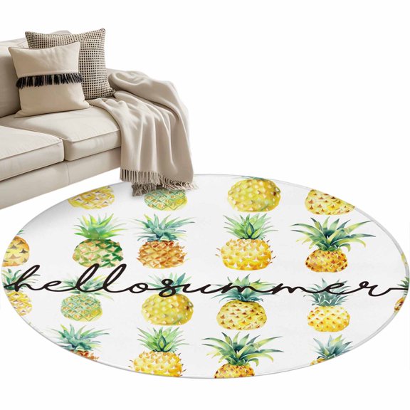 Round Area Rug-3ft Hello Summer Watercolor Pineapple Non Slip Washable Circle Carpet Soft Large Floor Rugs for Living Room Bedroom Nursery Office