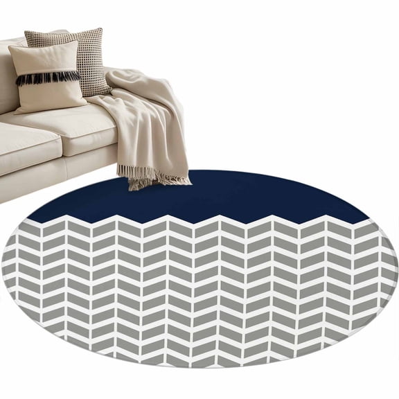 Round Area Rug 3ft Herringbone Pattern Floor Carpets Indoor Floor Area Mat Stain-Proof Mat Circle Rugs for Living Room Dining Room Kitchen Bedroom, Vintage Navy Blue Grey Sofa Throw Carpet