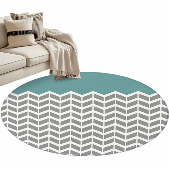 Round Area Rug 3ft Herringbone Pattern Floor Carpets Indoor Floor Area Mat Stain-Proof Mat Circle Rugs for Living Room Dining Room Kitchen Bedroom, Vintage Turquoise Grey Sofa Throw Carpet