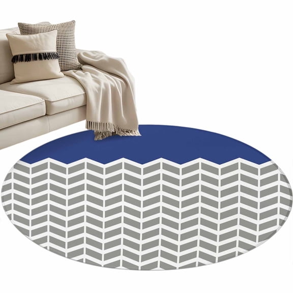 Round Area Rug 3ft Herringbone Pattern Floor Carpets Indoor Floor Area Mat Stain-Proof Mat Circle Rugs for Living Room Dining Room Kitchen Bedroom, Vintage Dark Blue Grey Sofa Throw Carpet