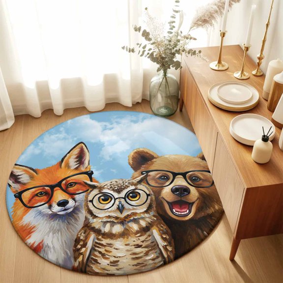 Round Area Rug 3ft,Hipster Fox Owl Washable Carpet Non-Slip Runner Accent Rugs Indoor Floor Mat for Bedroom Living Room Decor,Bear with Glasses Abstract Animal Art