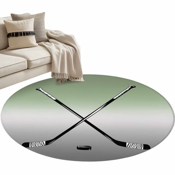 Round Area Rug 3ft Hockey Player Floor Carpets Indoor Floor Area Mat Stain-Proof Mat Circle Rugs for Living Room Dining Room Kitchen Bedroom, Sports Ground Ombre Grey Sage Green Sofa Throw Carpet