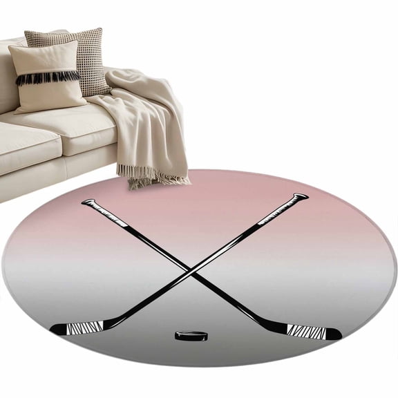 Round Area Rug 3ft Hockey Player Floor Carpets Indoor Floor Area Mat Stain-Proof Mat Circle Rugs for Living Room Dining Room Kitchen Bedroom, Sports Ground Ombre Grey Pink Sofa Throw Carpet