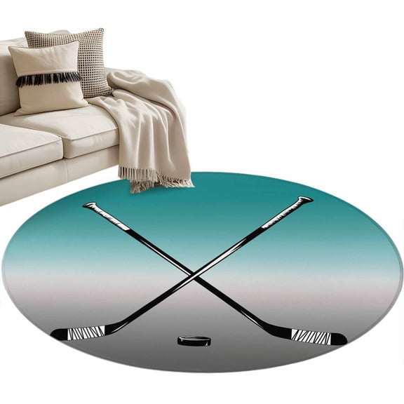 Round Area Rug 3ft Hockey Player Floor Carpets Indoor Floor Area Mat Stain-Proof Mat Circle Rugs for Living Room Dining Room Kitchen Bedroom, Sports Ground Ombre Grey Turquoise Sofa Throw Carpet