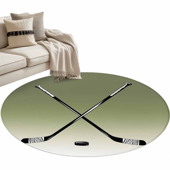 Round Area Rug 3ft Hockey Player Floor Carpets Indoor Floor Area Mat Stain-Proof Mat Circle Rugs for Living Room Dining Room Kitchen Bedroom, Sports Ground Gradient Green Sofa Throw Carpet