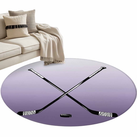 Round Area Rug 3ft Hockey Player Floor Carpets Indoor Floor Area Mat Stain-Proof Mat Circle Rugs for Living Room Dining Room Kitchen Bedroom, Sports Ground Gradient Purple Sofa Throw Carpet