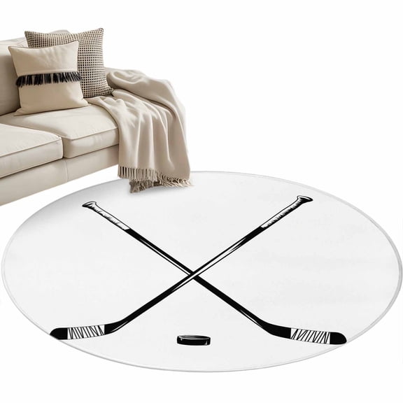 Round Area Rug 3ft Hockey Player Floor Carpets Indoor Floor Area Mat Stain-Proof Mat Circle Rugs for Living Room Dining Room Kitchen Bedroom, Sports Ground White Sofa Throw Carpet