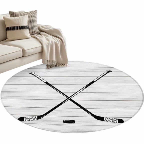 Round Area Rug 3ft Hockey Player Floor Carpets Indoor Floor Area Mat Stain-Proof Mat Circle Rugs for Living Room Dining Room Kitchen Bedroom, Sports Ground Wood Grain Sofa Throw Carpet