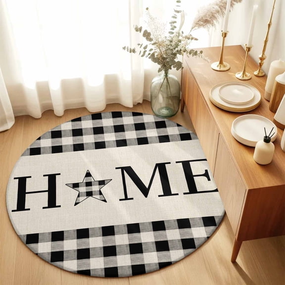 Round Area Rug 3ft,Home Text Buffalo Plaid Washable Carpet Non-Slip Runner Accent Rugs Indoor Floor Mat for Bedroom Living Room Decor,Retro Linen Black Checkered