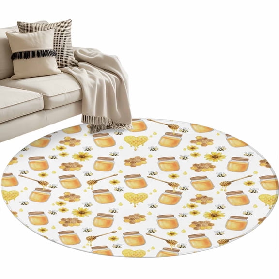 Round Area Rug - 3ft Honeycomb Bee Honey Sunflower Non Slip Washable Circle Carpet Soft Large Floor Rugs for Living Room Bedroom Nursery Office