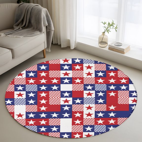 Round Area Rug 3ft Independence Day Patriotic Stars Area Rugs Washable Low Pile Floor Carpet for Bedroom, Red Blue Square Stripes Non Slip Soft Rugs for Living Room Entryway Dining Room