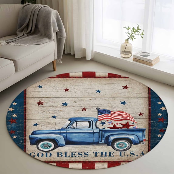 Round Area Rug 3ft, Independence Day Retro Blue Car on Wood Non-Shedding Washable Area Rug, Country Stars Stripe Non Slip Low-Profile Circle Rugs for Living Room, Bedroom Dining Room