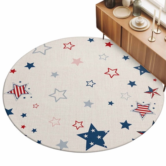 Round Area Rug - 3ft Independence Day Stars on Burlap Non Slip Washable Circle Carpet Soft Large Floor Rugs for Living Room Bedroom Nursery Office