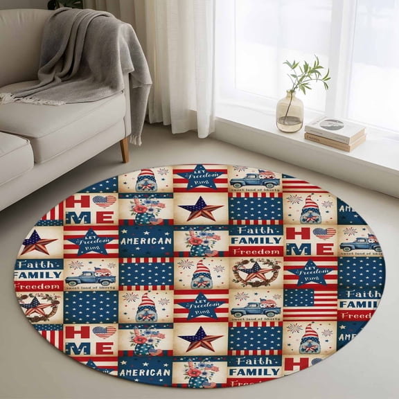 Round Area Rug 3ft, Independence Day Texas Stars Non-Slip Non-Shedding Floor Mat, USA Flag Blue Farm Car Washable Sturdy Carpet for Living Room Bedroom Home Decor