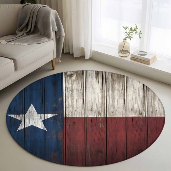 Round Area Rug 3ft, Independence Day USA State Flag Star Non-Slip Non-Shedding Floor Mat, Retro Farm Wood Grain Washable Sturdy Carpet for Living Room Bedroom Home Decor