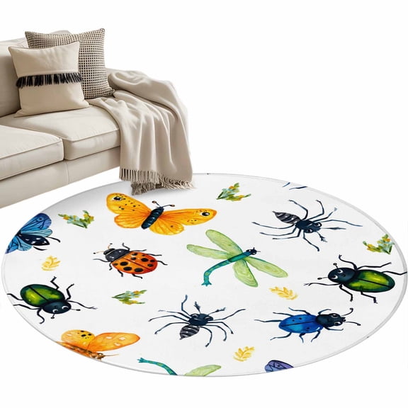 Round Area Rug - 3ft Insects Dragonflies Spiders Non Slip Washable Circle Carpet Soft Large Floor Rugs for Living Room Bedroom Nursery Office
