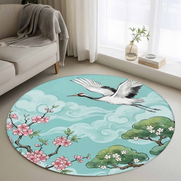 Round Area Rug 3ft,Japanese Cherry Blossoms Cranes Washable Carpet Non-Slip Runner Accent Rugs Indoor Floor Mat for Bedroom Living Room Decor,Pineapple Clouds