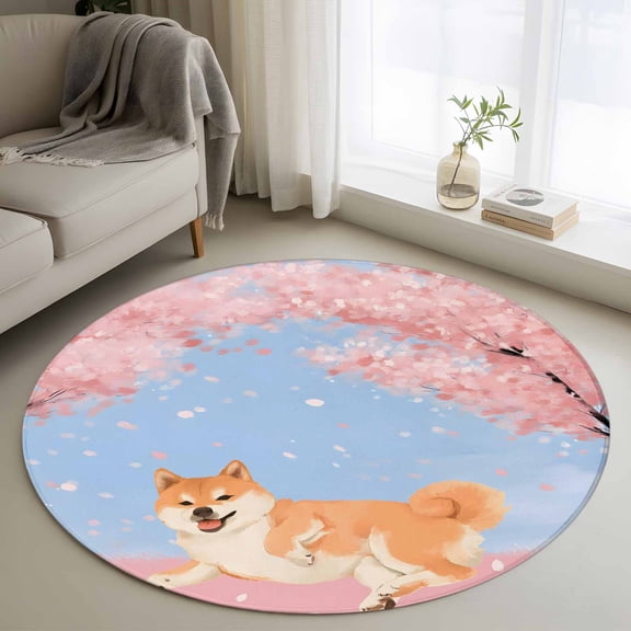 Round Area Rug 3ft,Japanese Cute Akita Dogs Washable Carpet Non-Slip Runner Accent Rugs Indoor Floor Mat for Bedroom Living Room Decor,Cherry Blossoms Flowers