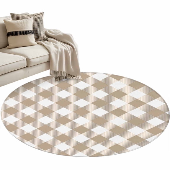 Round Area Rug 3ft Khaki White Check Plaid Floor Carpets Indoor Floor Area Mat Stain-Proof Mat Circle Rugs for Living Room Dining Room Kitchen Bedroom, Pastoral Style Sofa Throw Carpet