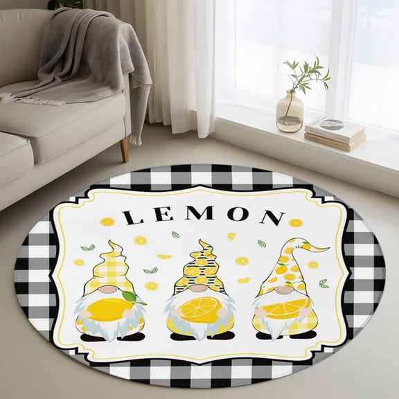 Round Area Rug 3ft Lemon Gnome Summer Fruit Plant Circle Kitchen Mats Non-Slip Buffalo Check Plaid Washable Round Carpet for Kitchen Living Room Bedroom Home Decor