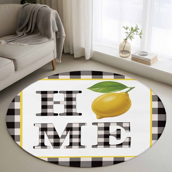 Round Area Rug 3ft,Lemon Home Text Checkered Washable Carpet Non-Slip Runner Accent Rugs Indoor Floor Mat for Bedroom Living Room Decor,Farmhouse Black White Buffalo Plaid
