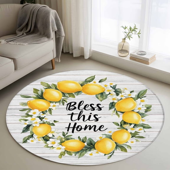 Round Area Rug 3ft, Lemon Summer Flower Watercolor Non-Slip Non-Shedding Floor Mat, Bless Home Quote Farm Wood Grain Washable Sturdy Carpet for Living Room Bedroom Home Decor