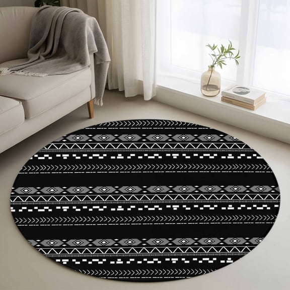 Round Area Rug 3ft,Lines Stripe Diamond Triangle on Black Washable Carpet Non-Slip Runner Accent Rugs Indoor Floor Mat for Bedroom Living Room Decor,Ethnic Tribal Pattern