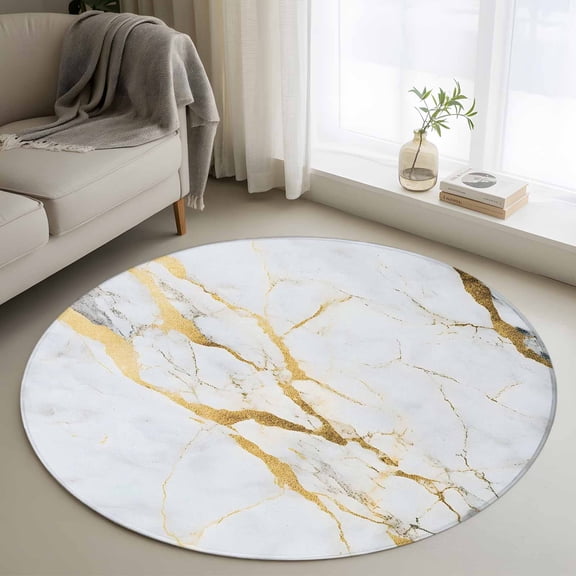 Round Area Rug 3ft, Marble White Gold Non-slip Area Rugs for Living Room/Bedroom/Bathroom/Kitchen, Modern Marbles Geometric Washable Throw Floor Mat Indoor Outdoor Entrance Doormat