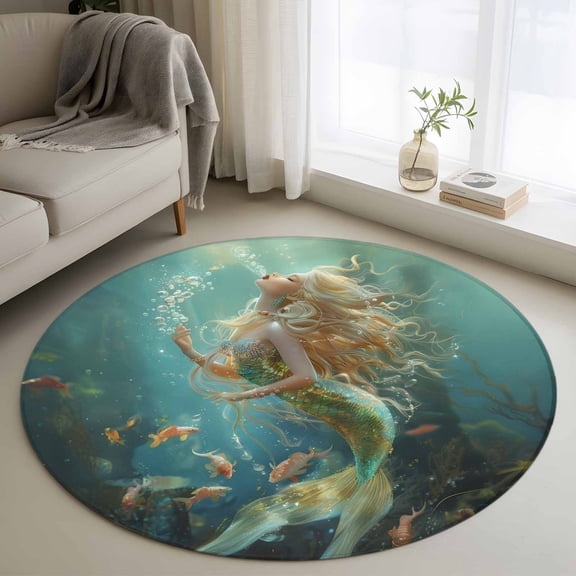 Round Area Rug 3ft, Marine Beautiful Mermaid Fish Non-Slip Non-Shedding Floor Mat, Undersea Ocean Life Seaweed Washable Sturdy Carpet for Living Room Bedroom Home Decor