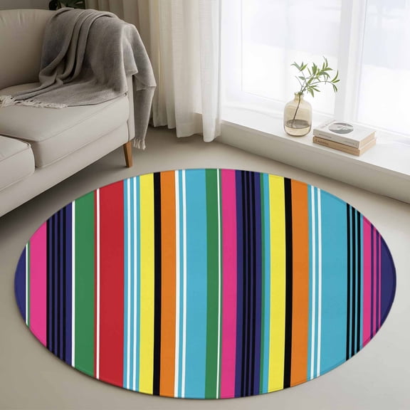 Round Area Rug 3ft, Mexican Colorful Stripes Line Non-Slip Non-Shedding Floor Mat, Abstract Modern Geometric Art Washable Sturdy Carpet for Living Room Bedroom Home Decor