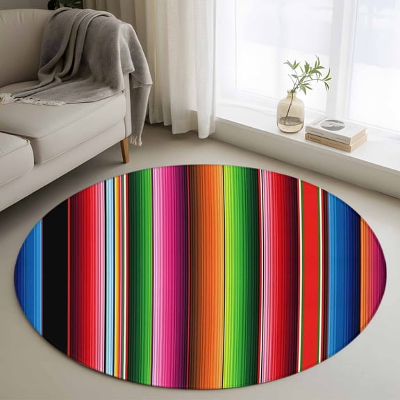 Round Area Rug 3ft, Mexico Art Colorful Stripes Non-Slip Non-Shedding Floor Mat, Color Gradient Lines Washable Sturdy Carpet for Living Room Bedroom Home Decor