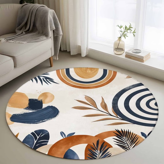 Round Area Rug 3ft Mid Century Abstract Geometric Area Rugs Washable Low Pile Floor Carpet for Bedroom, Boho Leaves Nordic Arch Sun Non Slip Soft Rugs for Living Room Entryway Dining Room